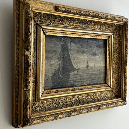 19th Century Antique Seascape Oil Painting "Gilded Frame" Belgique Artwork Holland Art Shop