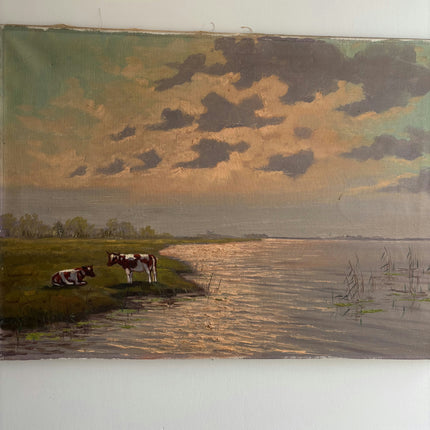 Elegant Landscape Oil Painting "Grazing Cow" Vintage Large Art Holland Art Shop