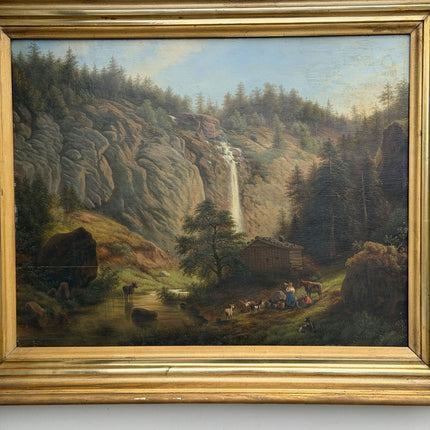19th Century Antique Landscape Oil Painting "Waterfall Cliff" Art Holland Art Shop