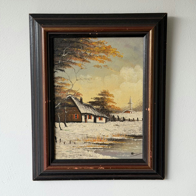 Expressive Winter Landscape Oil Painting "Thatched Cottage" Timeless Small Art Holland Art Shop