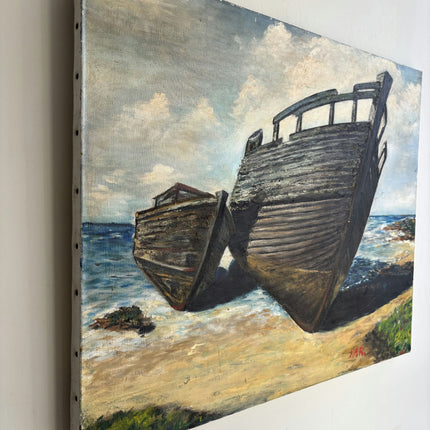 Detailed Seascape Oil Painting "Abandoned Boat" Handcrafted Large Art Holland Art Shop
