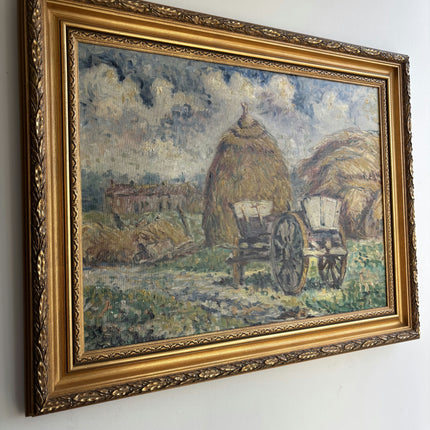 Original Farm Oil Painting "Haystack Cart" Refined Large Artwork Holland Art Shop