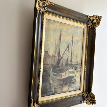 Detailed Harbor Scene Oil Painting "Docked Boats" Vintage Artwork Holland Art Shop