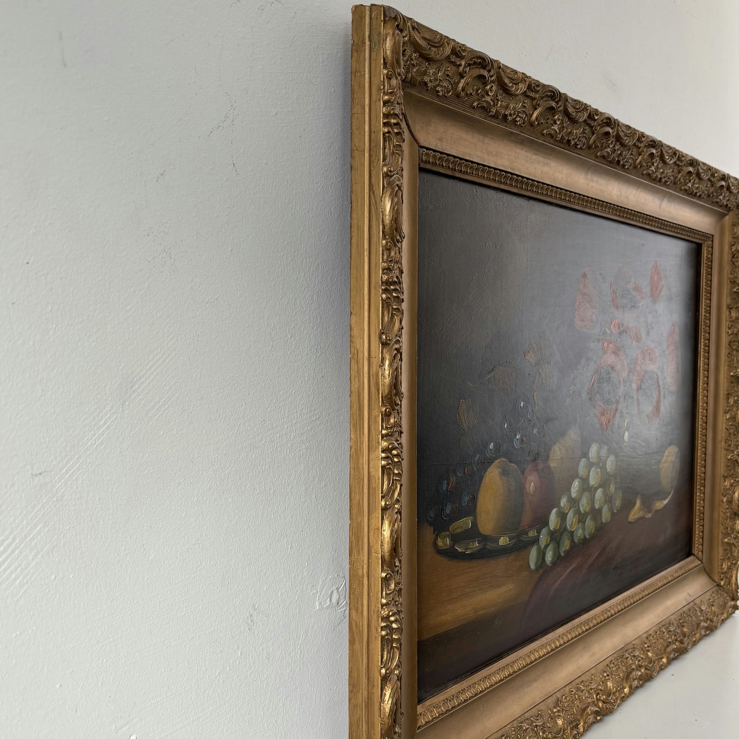 Vintage Oil Painting Still Life "Vibrant Poppies" Grapes Food Art