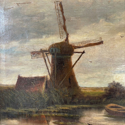 19th Century Antique Seascape Oil Painting "Windmill Tower" Dutch Artwork Holland Art Shop