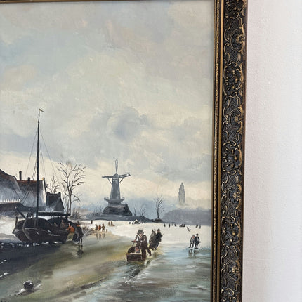 Classic Oil Painting Winter Landscape "Frozen Canal" Intriguing Medium Art - HollandArtShop