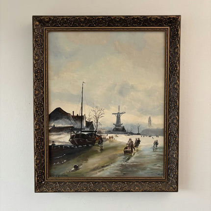 Classic Oil Painting Winter Landscape "Frozen Canal" Intriguing Medium Art - HollandArtShop