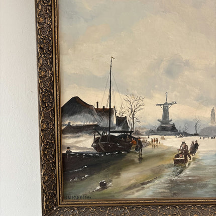 Classic Oil Painting Winter Landscape "Frozen Canal" Intriguing Medium Art - HollandArtShop
