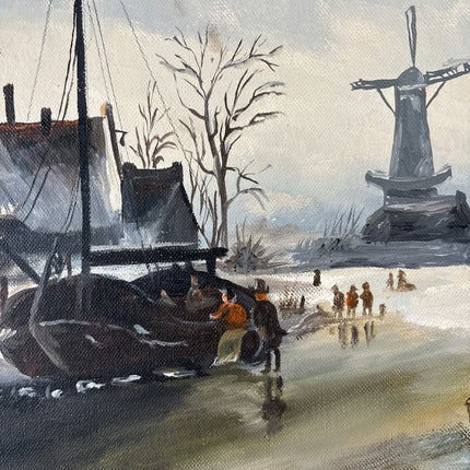 Classic Oil Painting Winter Landscape "Frozen Canal" Intriguing Medium Art - HollandArtShop