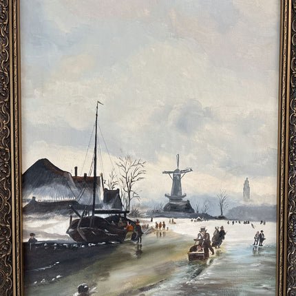 Classic Oil Painting Winter Landscape "Frozen Canal" Intriguing Medium Art - HollandArtShop