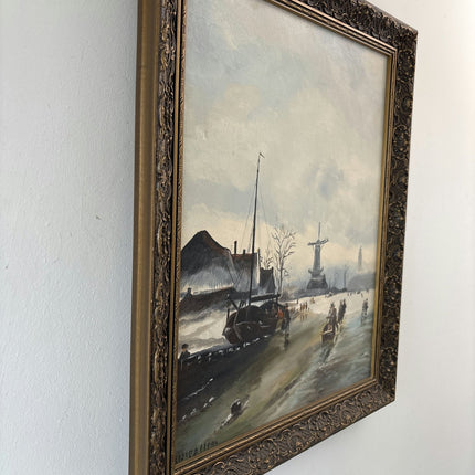 Classic Oil Painting Winter Landscape "Frozen Canal" Intriguing Medium Art - HollandArtShop