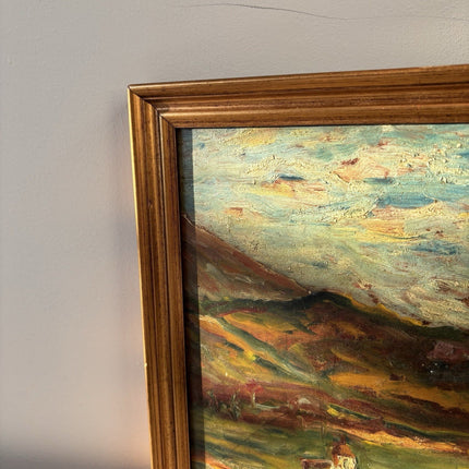 Classic Vintage “HILLSIDE VILLAGE” Original Oil Painting Rustic Landscape - HollandArtShop