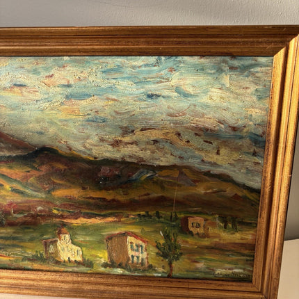 Classic Vintage “HILLSIDE VILLAGE” Original Oil Painting Rustic Landscape - HollandArtShop