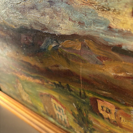 Classic Vintage “HILLSIDE VILLAGE” Original Oil Painting Rustic Landscape - HollandArtShop