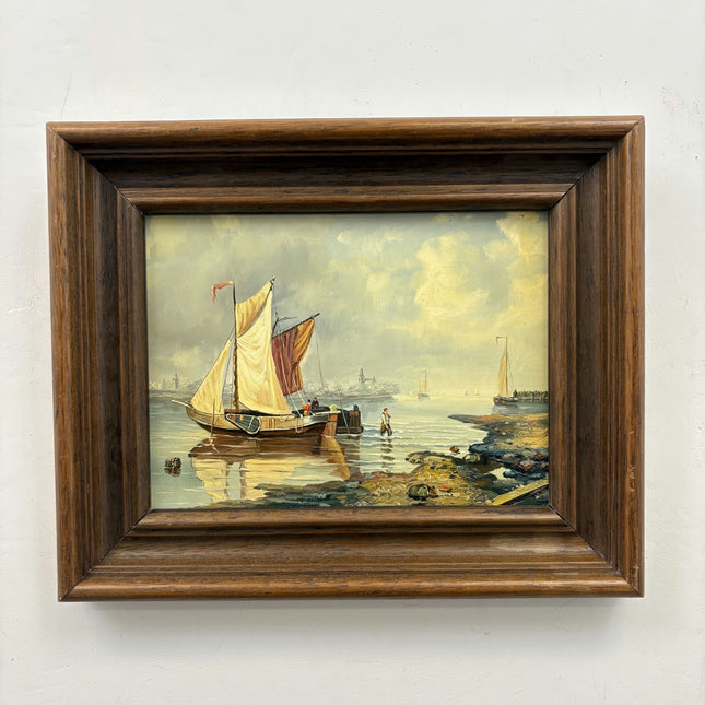 Refined Seascape Oil Painting "Sailing Boat" Rustic Small Artwork Holland Art Shop