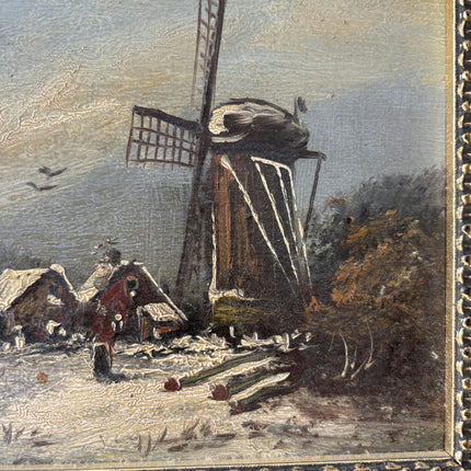 Refined Winter Landscape Oil Painting "Windmill Tower" Authentic Small Artwork Holland Art Shop