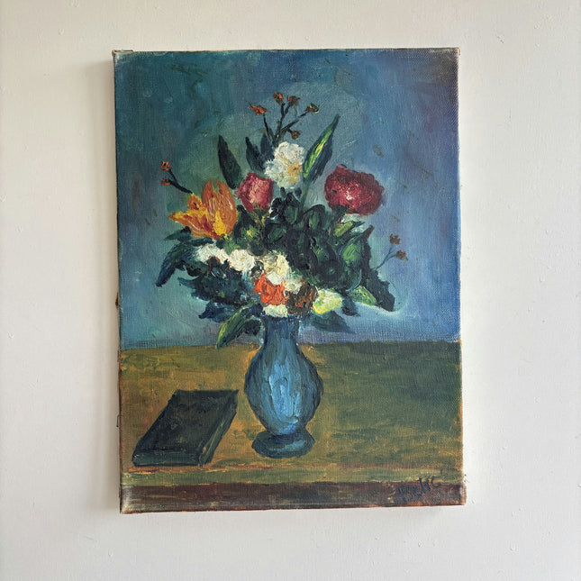 Vintage Floral Still Life Oil Painting "Blue Vase" Rustic Small Artwork Holland Art Shop