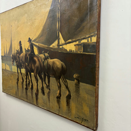 19th Century Antique Harbor Scene Oil Painting "Draft Horses" Large Artwork Holland Art Shop