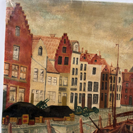 Vintage Cityscape Oil Painting "Harbor Boats" Elegant Large Artwork Holland Art Shop