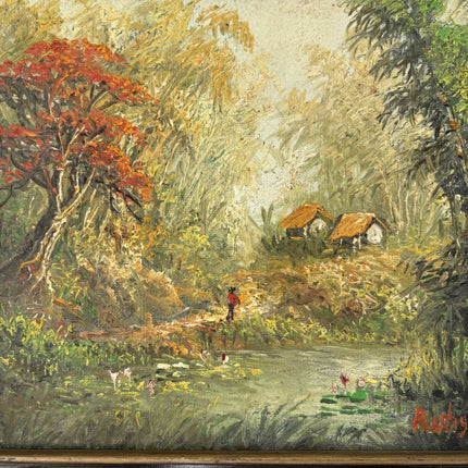 Antique Oil Painting Landscape "Red Tree Reflection" Refined Small Artwork Holland Art Shop