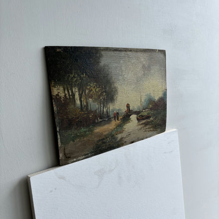 19th Century Antique Landscape Oil Painting "Rowboat Bay" Small Artwork Holland Art Shop