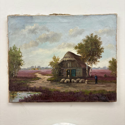 Antique Farm Oil Painting "Thatched Cottage" Detailed Art Holland Art Shop
