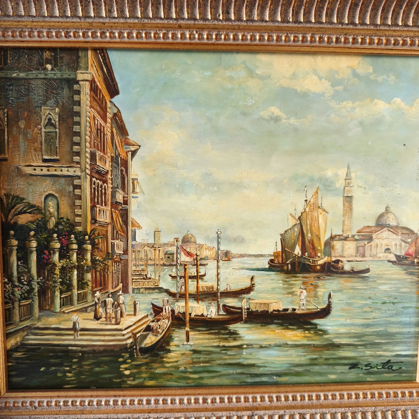 Vintage "Gondolas" Boats Italian City Architecture Hand Made Oil Painting