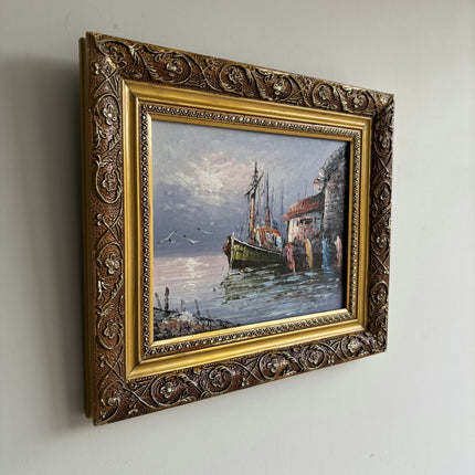 Handcrafted Harbor Scene Oil Painting "Ornate Frame" Refined Small Art Holland Art Shop