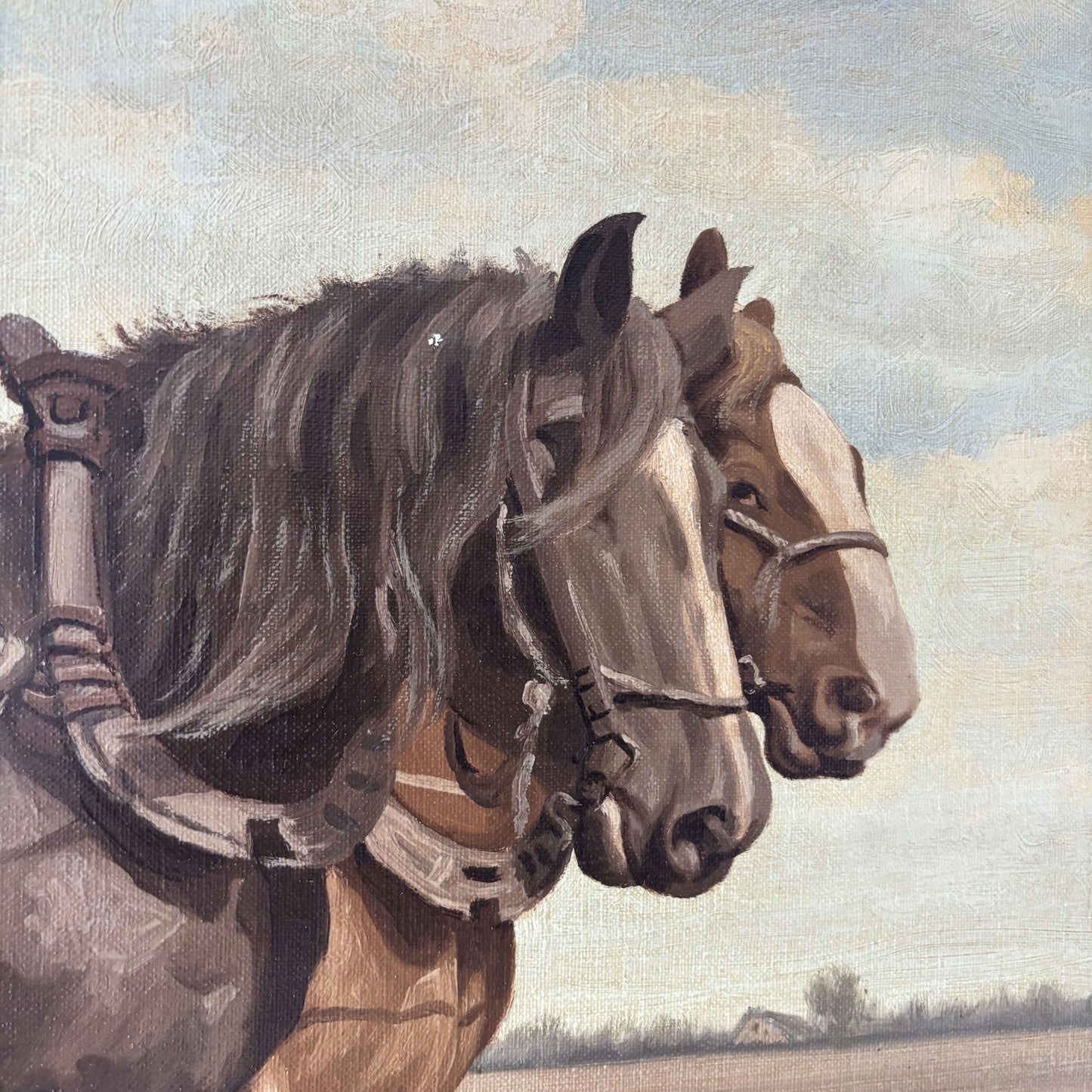 Wonderful Animals Oil Painting "Working Horses" Handcrafted Large Art