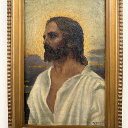 1914 Antique Religious  Oil Painting "Bearded Christ" Art Holland Art Shop