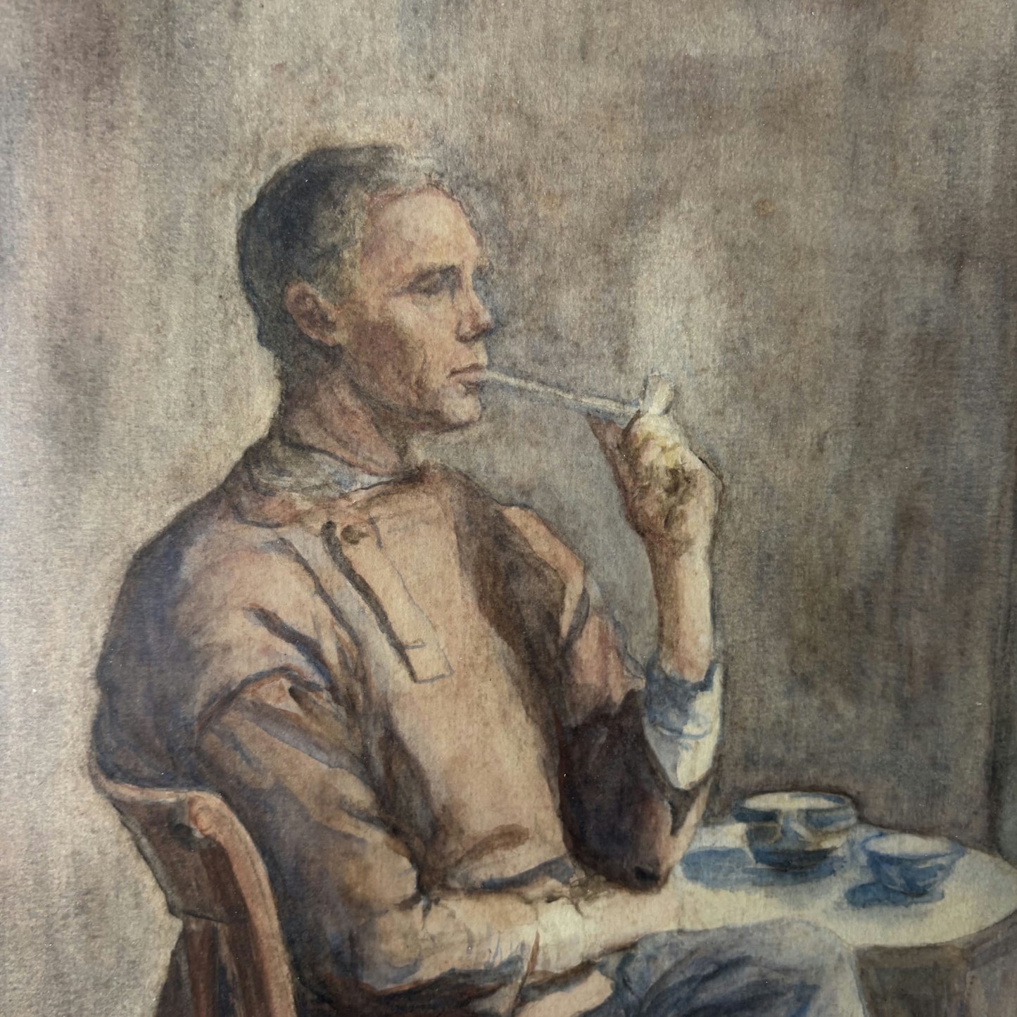 Striking Portrait Aquarel "Thoughtful Man" Vintage Medium Artwork