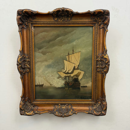 Handcrafted Seascape Oil Painting "Sailing Ship" Rustic Small Artwork Holland Art Shop