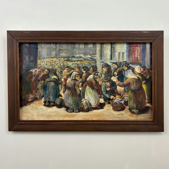 Handcrafted Figurative Oil Painting "Market Crowd" Authentic Large Artwork Holland Art Shop