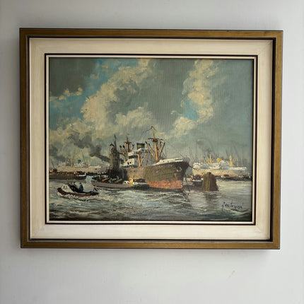 Vintage Harbor Scene Oil Painting "Cargo Ship" Handcrafted Art Holland Art Shop