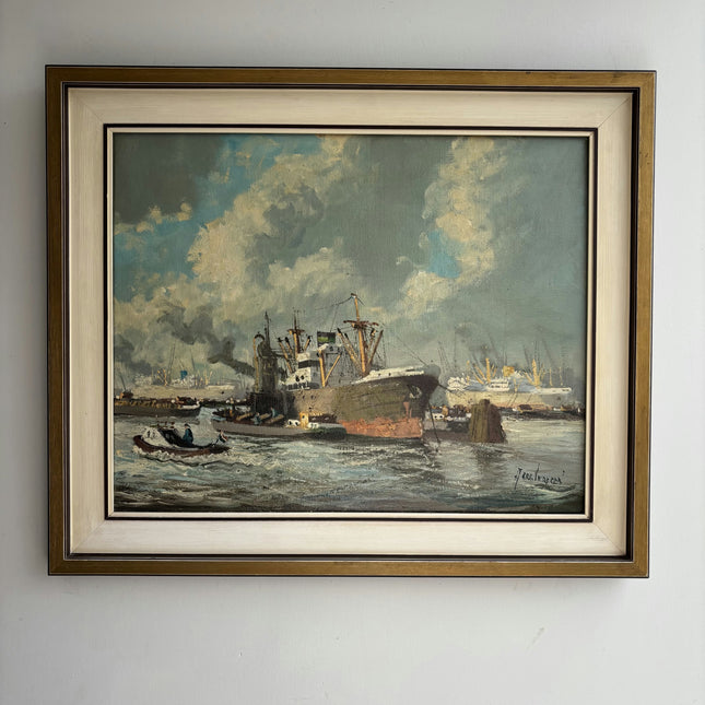 Vintage Harbor Scene Oil Painting "Cargo Ship" Handcrafted Art Holland Art Shop