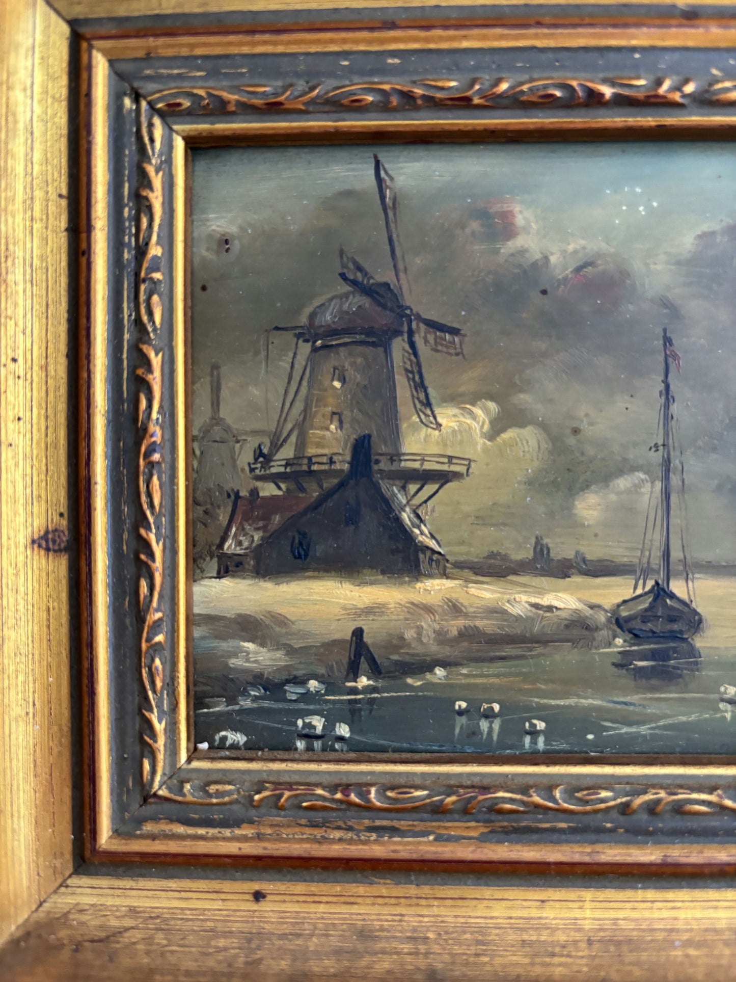 Remarkable Oil Painting Winter Landscape "Windmill Scene" Intriguing Small Art