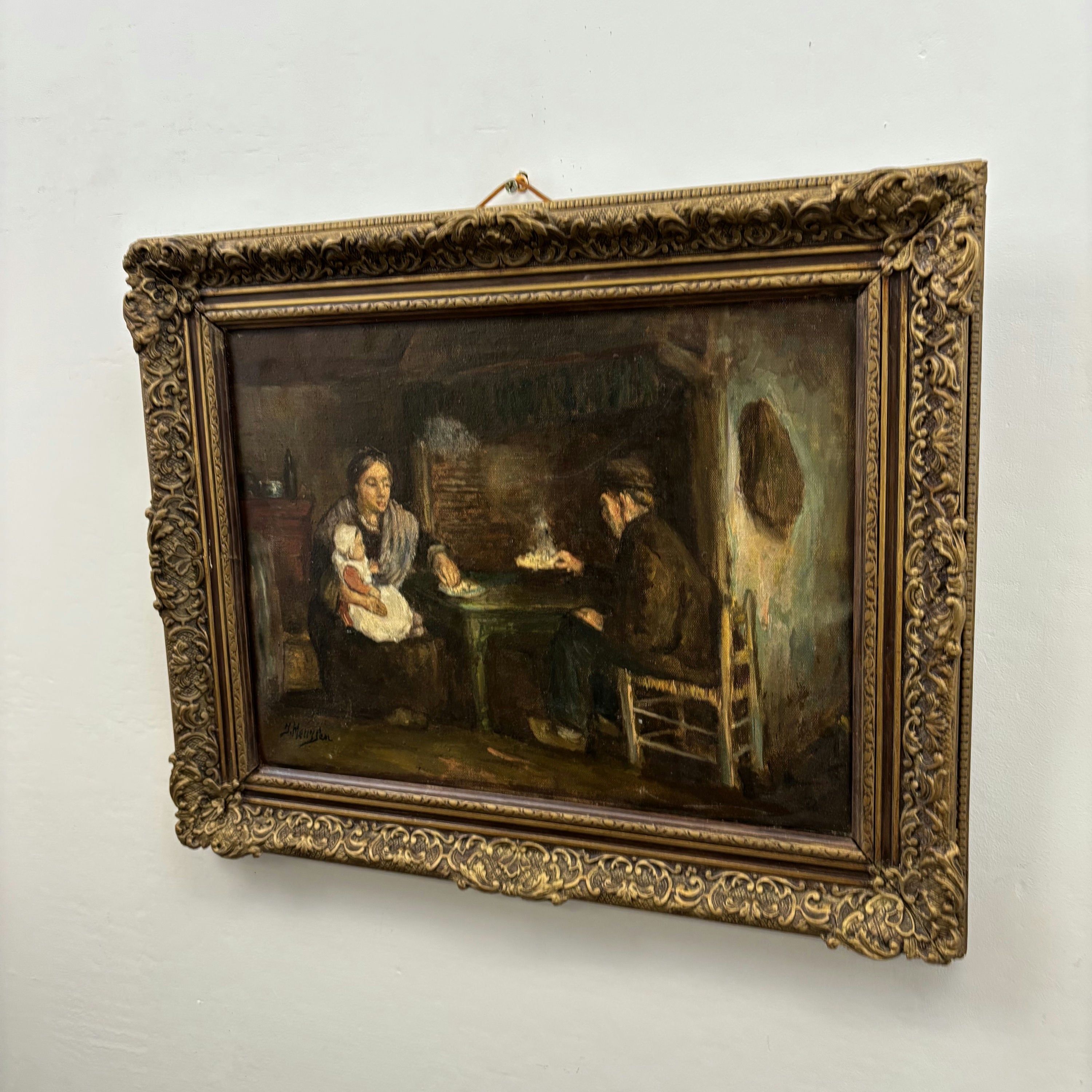 19th Century Antique Interior Oil Painting 