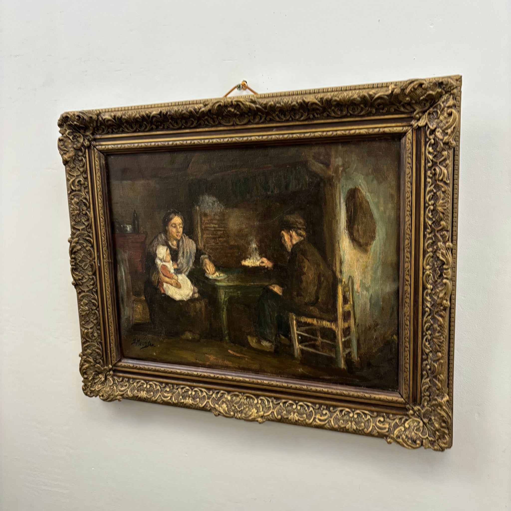 19th Century Antique Interior Oil Painting 
