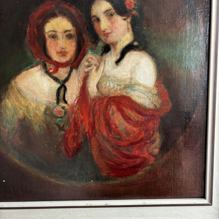 19th Century Antique Figurative Oil Painting "Two Women" Belgique Artwork Holland Art Shop
