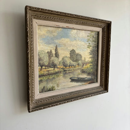 Detailed Landscape Oil Painting "River Boat" Vintage Art Holland Art Shop
