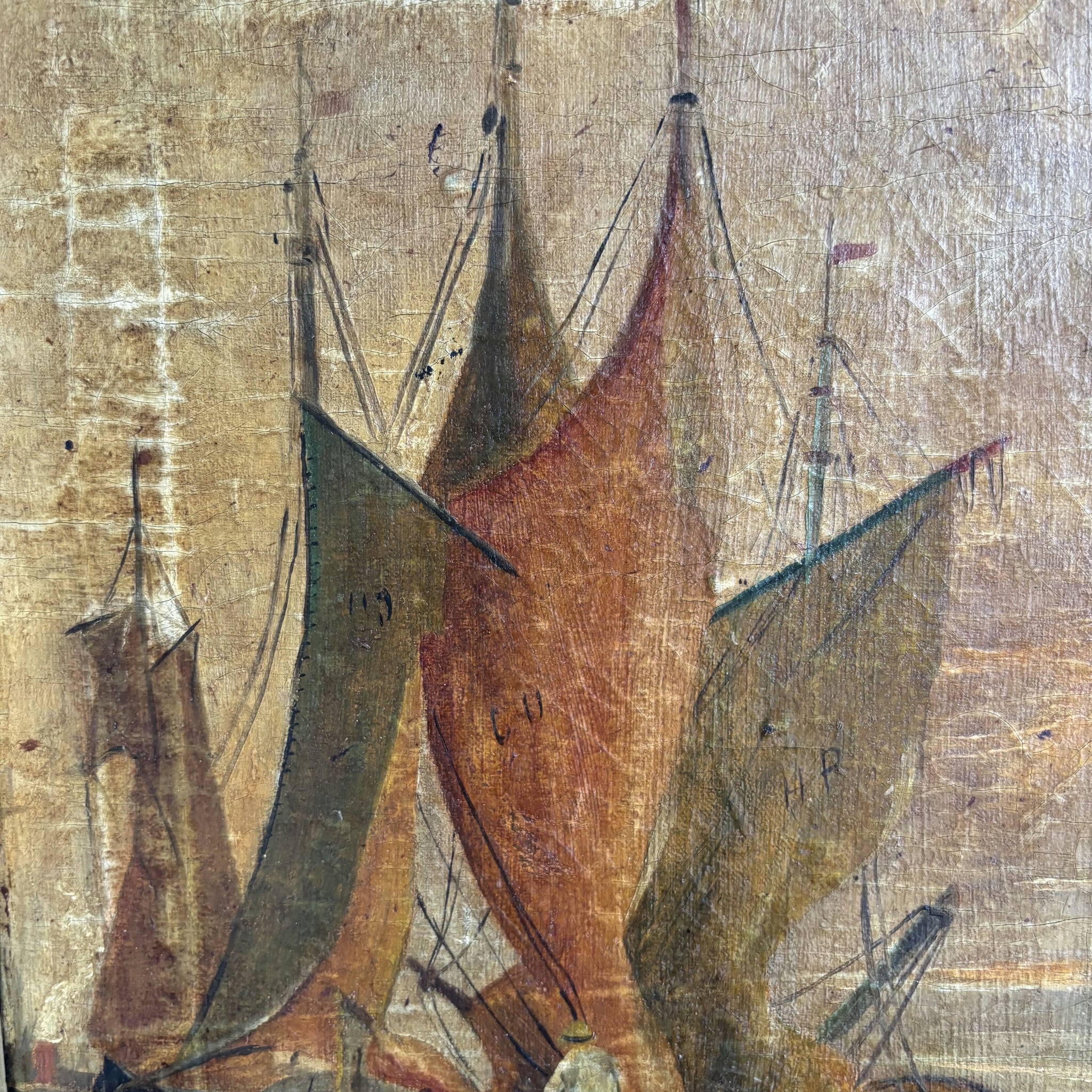 1914 Antique Harbor Scene Oil Painting 