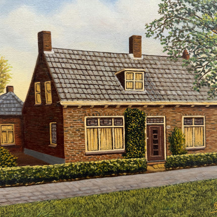 Refined Cityscape Oil Painting "Brick House" Vintage Small Artwork Holland Art Shop