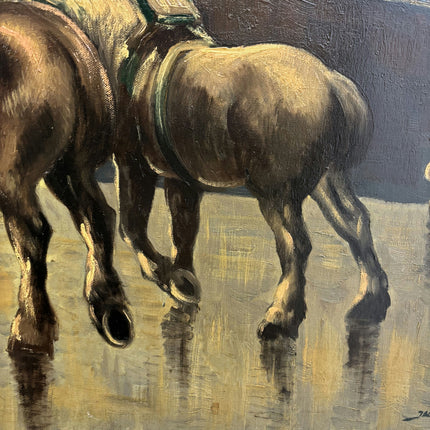 19th Century Antique Harbor Scene Oil Painting "Draft Horses" Large Artwork Holland Art Shop