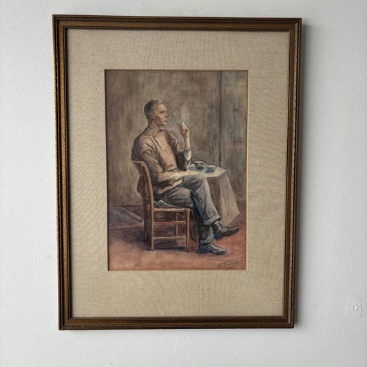 Striking Portrait Aquarel "Thoughtful Man" Vintage Medium Artwork