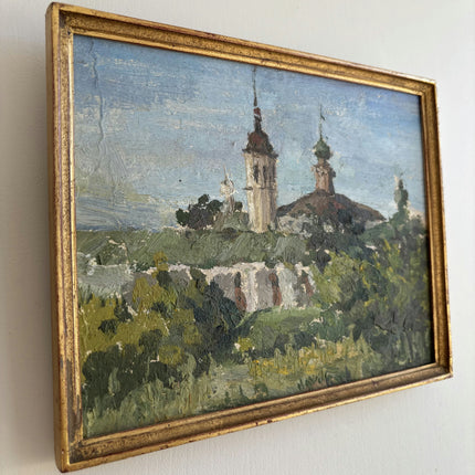 Original Landscape Oil Painting "Church Towers" Rustic Small Artwork Holland Art Shop
