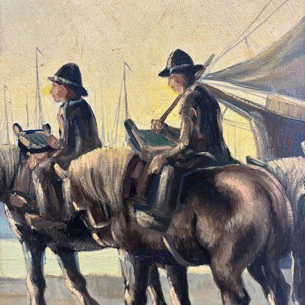19th Century Antique Harbor Scene Oil Painting "Draft Horses" Large Artwork Holland Art Shop