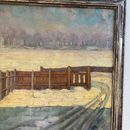 Refined Winter Landscape Oil Painting "Wooden Fence" Vintage Large Artwork Holland Art Shop