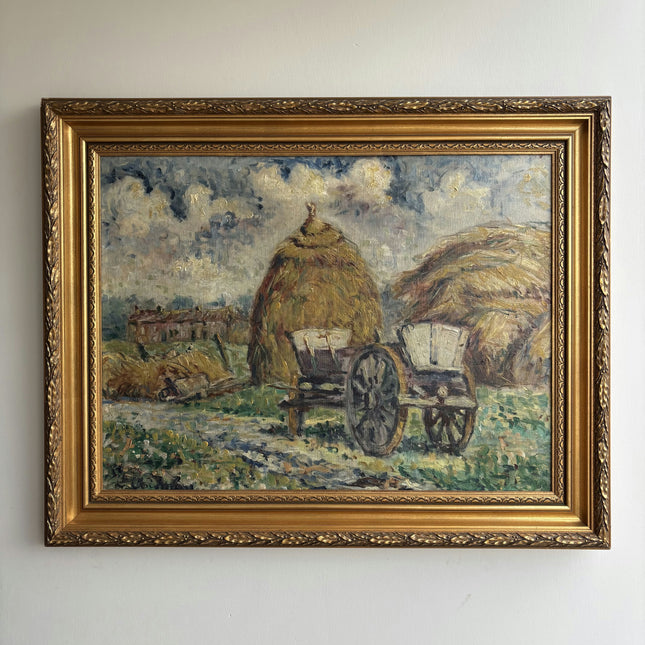 Original Farm Oil Painting "Haystack Cart" Refined Large Artwork Holland Art Shop