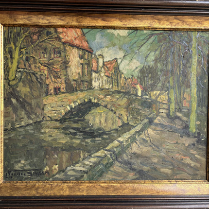 1910 Antique Cityscape Oil Painting "Stone Bridge" Large Artwork Holland Art Shop