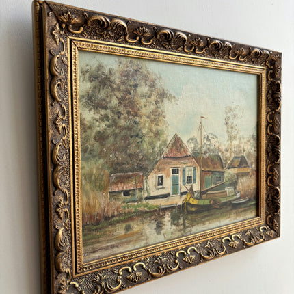Rustic Harbor Scene Oil Painting "Thatched House" Original Small Artwork Holland Art Shop